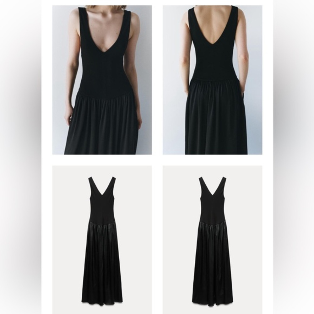 ZARA NWT Black Contrast Midi Pocket Dress Drop Waist ZW COLLECTION Size XS